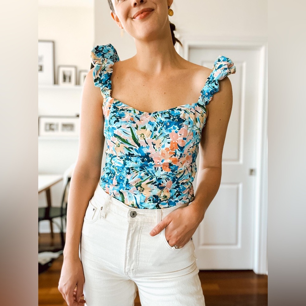Abercrombie & Fitch Blue Floral Ruffle Strap Tank
